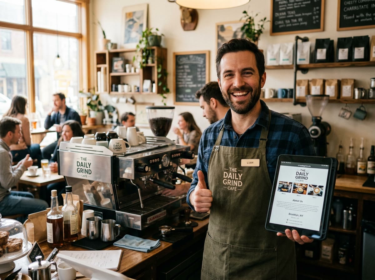 Happy cafe owner with his website on a tablet