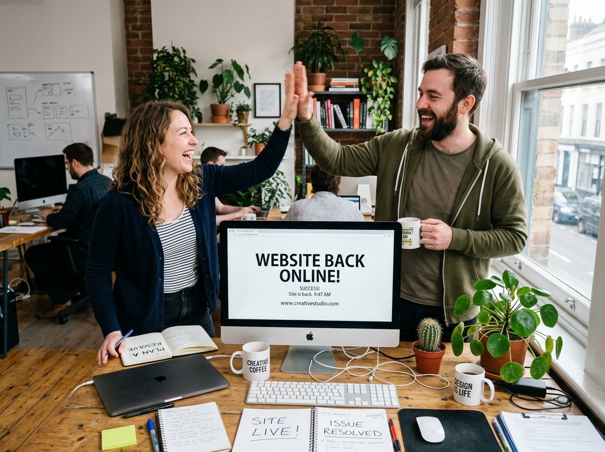 Two colleagues celebrating their website coming back online